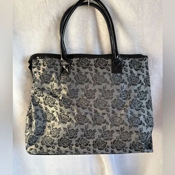 Handbags - Floral Black and Gray Tote Bag with Detachable Pouch